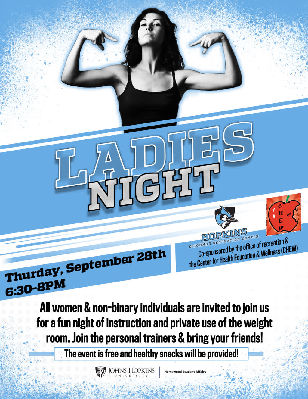 Information regarding Ladies Night is as follows Create Your Own Tags: is #Fitness and Start date is September 12 2017 and End Date is September 24 2017 and File is Browse and Affiliation is Department and File Name is Ladies-Night_ORCA_comp.jpg and Name is Ladies Night and Group Name is Recreation and Panel is Side and Email is vina.mktg@jhu.edu and