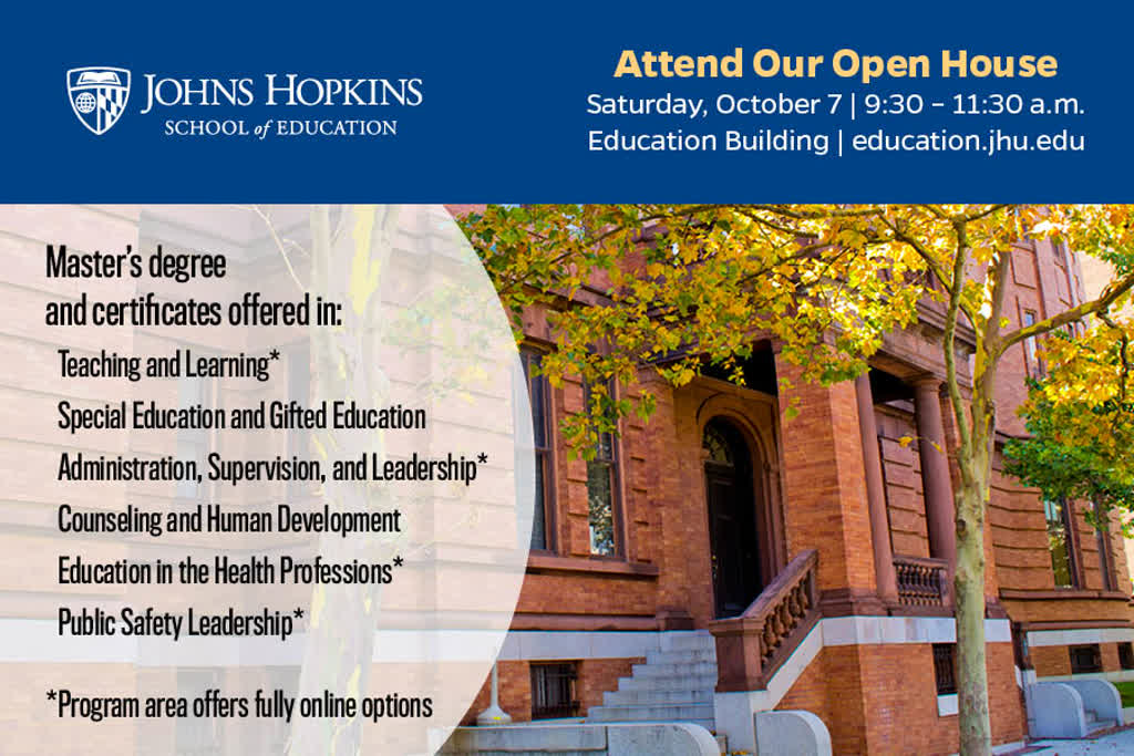 Information regarding School of Education Open House is as follows Start date is September 13 2017 and End Date is October 07 2017 and File is Browse and Affiliation is Department and File Name is ORCATV_Ad_20172_comp.jpg and Name is John Robertson and Panel is Main and Email is robertson@jhu.edu and Group Name is School of Education and Name of Ad/Event is School of Education Open House and