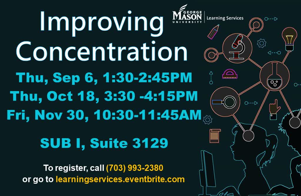 Information regarding Improving Concentration is as follows Start date (when you would like your content to be posted) is August 13 2018 and End Date (when you would like your content to be removed from the screens) is December 21 2018 and File is Browse and File Name is Improving-Concentration-Fall-2018_comp.jpg and Name of Ad/Event is Improving Concentration and Group Name is Learning Services and Panel for your ad to be displayed is Main and Affiliation is Mason Department and Email is smonson@gmu.edu and Name is Stephanie Monson and