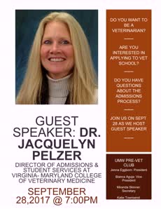 Information regarding Guest Speaker: Dr. Pelzer, the Director of Admissions at Virginia-Maryland College of Veterinary Medicine is as follows Create Your Own Tag: is #PreVet and Start date is September 23 2017 and End Date is September 28 2017 and Name is Bianca Aguja and File is Browse and Name of Ad/Event is Guest Speaker: Dr. Pelzer, the Director of Admissions at Virginia-Maryland College of Veterinary Medicine and File Name is Guest-speaker1_comp.jpg and Email is paguja@mail.umw.edu and Group Name is Pre-Vet Club and Affiliation is Recognized Student Organization and Panel is Side and