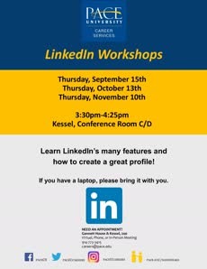 Information regarding LinkedIN Workshop is as follows Create Your Own Tags: is #PaceUMarketReady and Start date is August 26 2016 and End Date is November 10 2016 and File is Browse and Name is Career Services and Affiliation is Department and Email is dgasparro@pace.edu and File Name is 2016-Fall-LinkedIn-Workshops_comp.jpg and Name of Ad/Event is LinkedIN Workshop and Panel is Side and