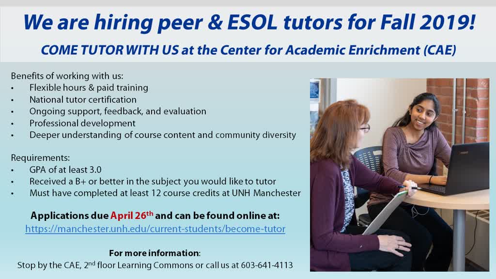 Information regarding CAE is hiring tutors is as follows Start date is March 20 2019 and End Date is April 26 2019 and File is Browse and Name of Ad/Event is CAE is hiring tutors and Affiliation is Department and Name is Donna Laferriere and Email is donna.laferriere@unh.edu and File Name is 1553278358_comp.jpg and Panel is Main and