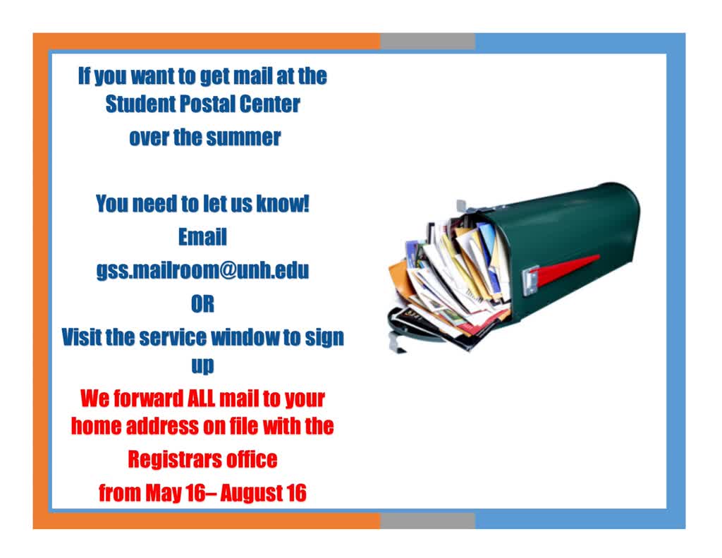 Information regarding Summer Mail is as follows Start date is April 03 2019 and End Date is May 31 2019 and File is Browse and Affiliation is Department and File Name is 1554309166_comp.jpg and Panel is Main and Group Name is MUB Postal center and Name of Ad/Event is Summer Mail and Name is Theresa Faist and Email is theresa.faist@unh.edu and