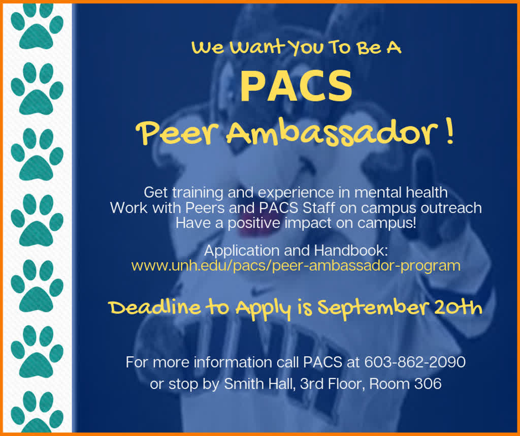 Information regarding Peer Ambassador Ad is as follows Start date is August 28 2019 and End Date is September 19 2019 and File is Browse and Affiliation is Department and File Name is 1567002189_comp.jpg and Name is Kim King and Email is kim.king@unh.edu and Panel is Main and Name of Ad/Event is Peer Ambassador Ad and Group Name is Psychological & Counseling Services and
