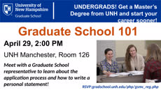 Information regarding Graduate School 101 is as follows Start date is April 10 2019 and End Date is April 29 2019 and File is Browse and Affiliation is Department and Group Name is Graduate School and Name of Ad/Event is Graduate School 101 and Name is Hilary Rush and Email is hilary.rush@unh.edu and File Name is Grad-101-ORCA-Presentation3023_comp.jpg and Panel is Main and