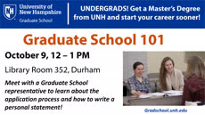 Information regarding Grad School 101 Information Session is as follows Start date is September 19 2018 and End Date is October 09 2018 and File is Browse and Affiliation is Department and Name of Ad/Event is Grad School 101 Information Session and Group Name is Graduate School and Name is Hilary Rush and Email is hilary.rush@unh.edu and File Name is Grad-101-ORCA-Presentation_comp.jpg and Panel is Main and