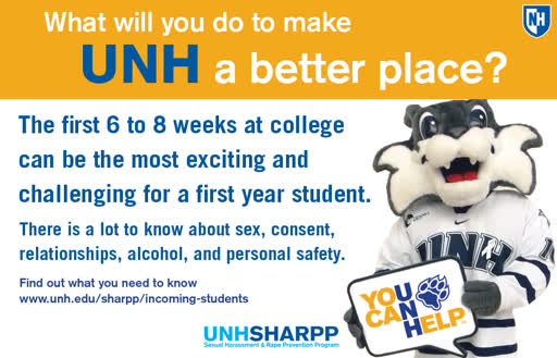 Information regarding First Year Students is as follows Create Your Own Tag: is #unhsharpp and Start date is August 14 2017 and End Date is November 01 2017 and File is Browse and Name is Connie DiSanto and Email is connie.disanto@unh.edu and Affiliation is Department and Name of Ad/Event is First Year Students and File Name is JO_6to85_comp.jpg and Panel is Main and Group Name is UNH SHARPP and