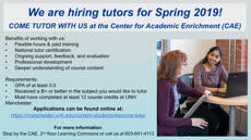 Information regarding CAE is hiring tutors is as follows Start date is November 15 2018 and End Date is December 19 2018 and File is Browse and Name of Ad/Event is CAE is hiring tutors and Affiliation is Department and Name is Donna Laferriere and Email is donna.laferriere@unh.edu and File Name is Kiosk-Slide-Spring-2019_comp.jpg and Panel is Main and