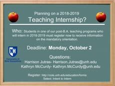 Information regarding Intentent to Intern 2018-2019 is as follows Start date is September 18 2017 and End Date is October 06 2017 and File is Browse and Affiliation is Department and Group Name is Education Department and Name is Harrison Jutras and Email is Harrison.Jutras@unh.edu and File Name is education-department-intent-to-intern-2018-2019_comp.jpg and Name of Ad/Event is Intentent to Intern 2018-2019 and Panel is Main and